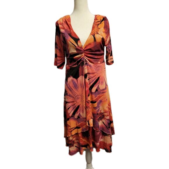 Karen Kane 90s Dress Womens * XL * Floral Midi Deep V Neck Fit & Flare - Picture 1 of 12